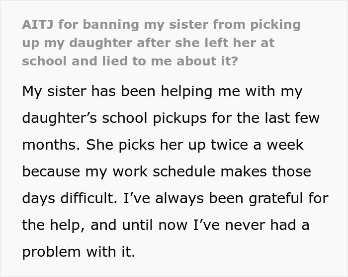Text post about a sister helping with school pickups, related to an aunt leaving a niece alone at school. Text post about a sister helping with school pickups, related to an aunt leaving a niece alone at school.