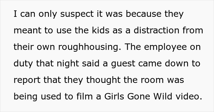 A black text image detailing how a bridezilla and guests used kids as distractions for hotel roughhousing.