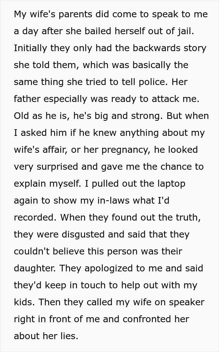 Screenshot of text describing a husband exposing his wife's secret affair to her parents. Screenshot of text describing a husband exposing his wife's secret affair to her parents.