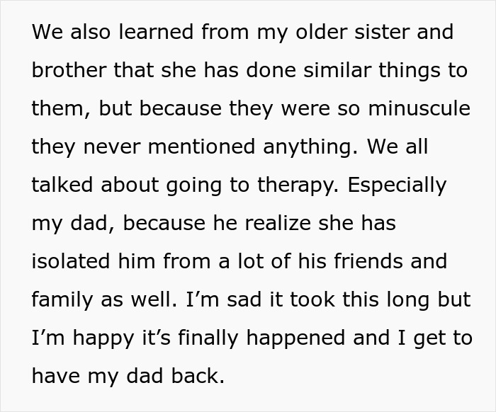 Screenshot of text discussing therapy and healing after a woman gets caught throwing away stepchild's food.