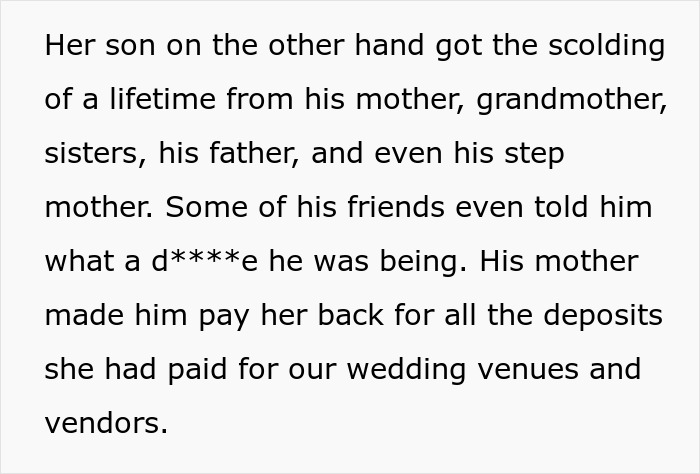 A black-and-white text screenshot about how a woman's ex-fianc&eacute; got a scolding and had to pay back wedding deposits
