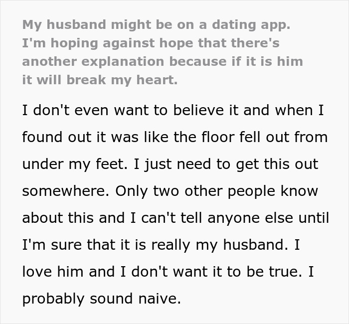 Text about fear and heartbreak over husband's potential dating app profile