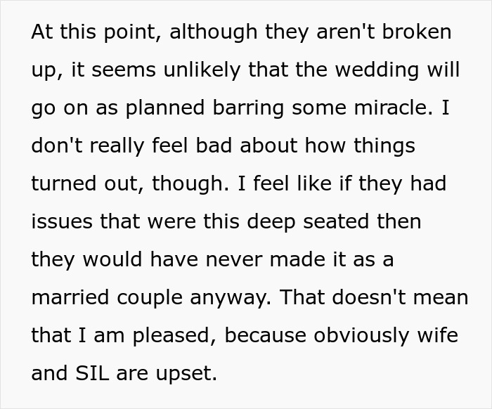 Final paragraph of a story discussing relationships in trouble after choosing an Australia Trip over a SIL's Wedding. Final paragraph of a story discussing relationships in trouble after choosing an Australia Trip over a SIL's Wedding.