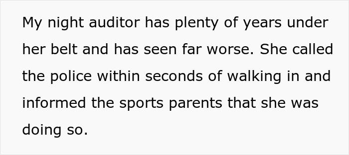 Text snippet about the night auditor calling the police on hotel guests.