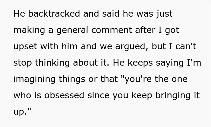 Text about a woman arguing with her fiancé after he made comments she could not stop thinking about. Text about a woman arguing with her fiancé after he made comments she could not stop thinking about.