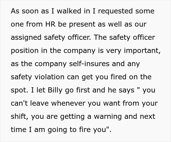 Text snippet explaining HR presence and safety officer rules regarding a wronged employee