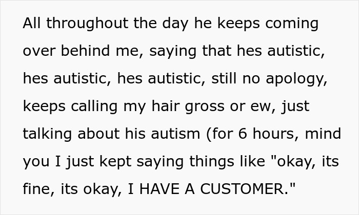 Text post describing a situation where a male coworker insults woman hair and blames autism.