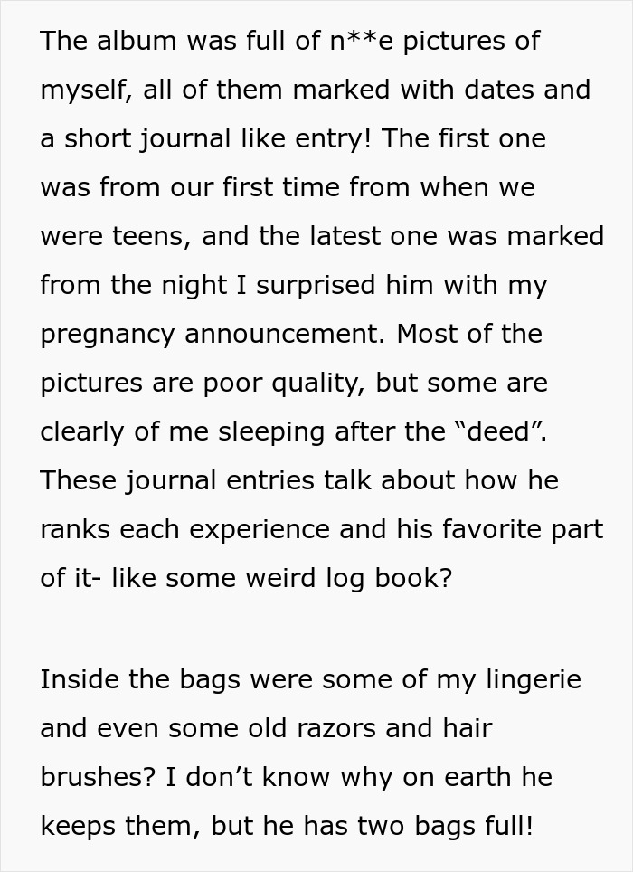 Text about discovery of husband's hidden photo albums with dated journal entries Text about discovery of husband's hidden photo albums with dated journal entries