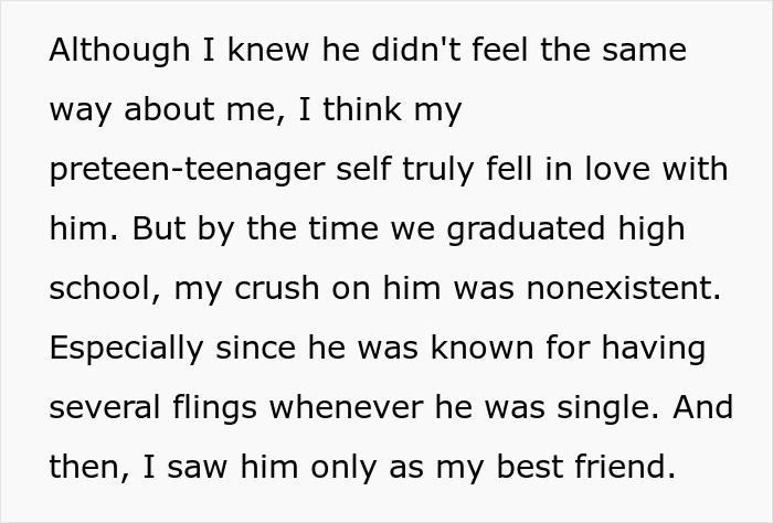 Text post describing how a teenage crush on a best friend faded after high school. Text post describing how a teenage crush on a best friend faded after high school.