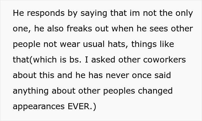 Text about a coworker who insults woman's hair and falsely claims to react to everyone's changed appearance.