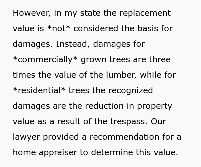 Text explaining how replacement value works for commercially grown versus residential trees. Text explaining how replacement value works for commercially grown versus residential trees.