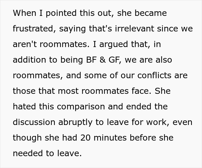 A black on white text post about roommate conflicts and discussions in a relationship. A black on white text post about roommate conflicts and discussions in a relationship.