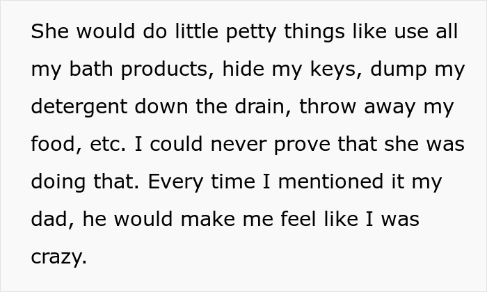 Screenshot of text about stepmother throwing away stepchild's food and items.