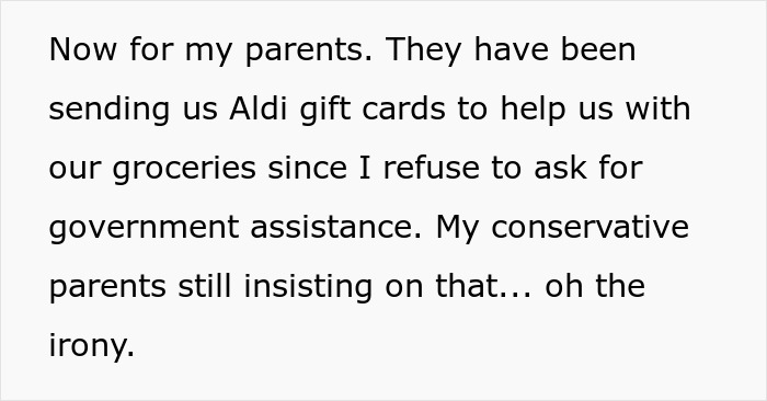 A text screenshot mentioning her parents sending Aldi gift cards A text screenshot mentioning her parents sending Aldi gift cards