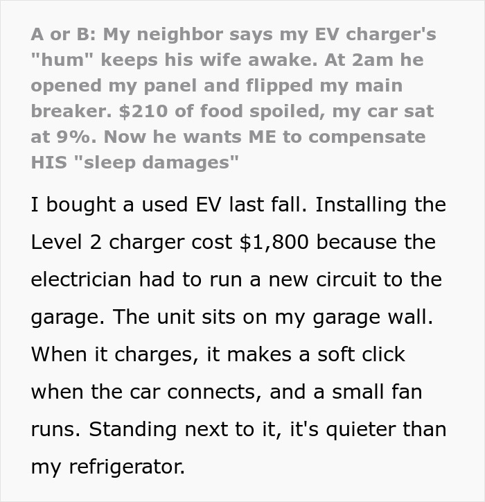 Text describing neighbor complaint about EV charger noise and damages Text describing neighbor complaint about EV charger noise and damages