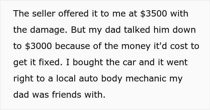 Text highlighting how the father negotiated the price to buy his first car Text highlighting how the father negotiated the price to buy his first car