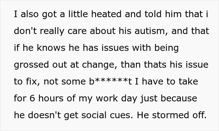 Black text on white background discussing how a coworker insults woman's hair and blames his autism.