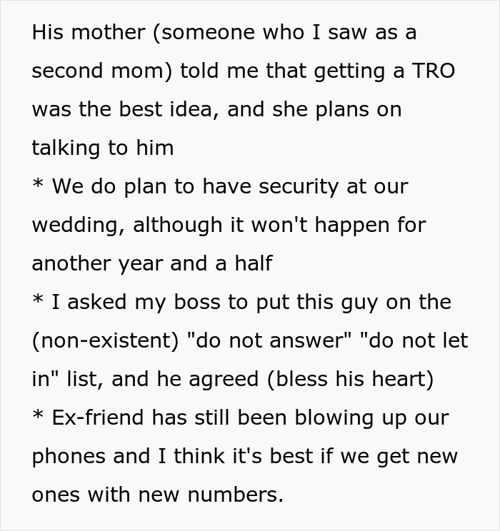 Text explaining a TRO and wedding security details after a bestie loves her confession Text explaining a TRO and wedding security details after a bestie loves her confession