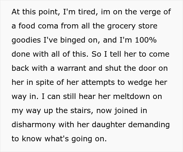 Narration of exhausting interaction with neighbor and refusal to open door during Halloween dispute
