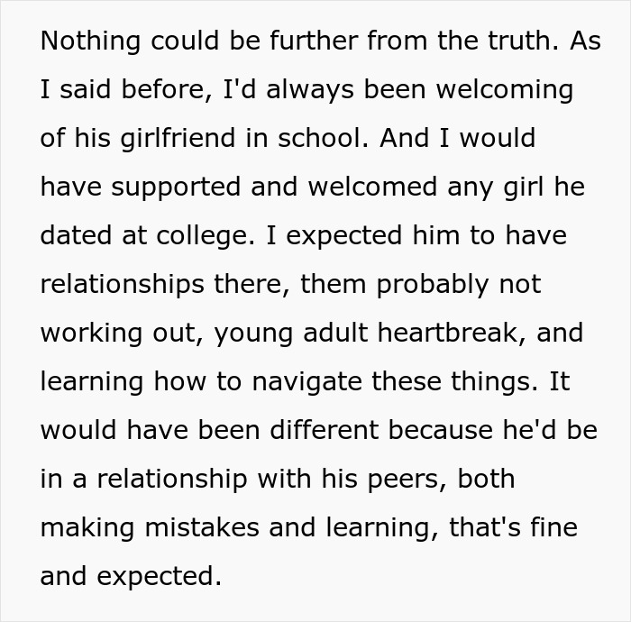 A text update from a mom sharing her thoughts on her son's GF and dating expectations. A text update from a mom sharing her thoughts on her son's GF and dating expectations.