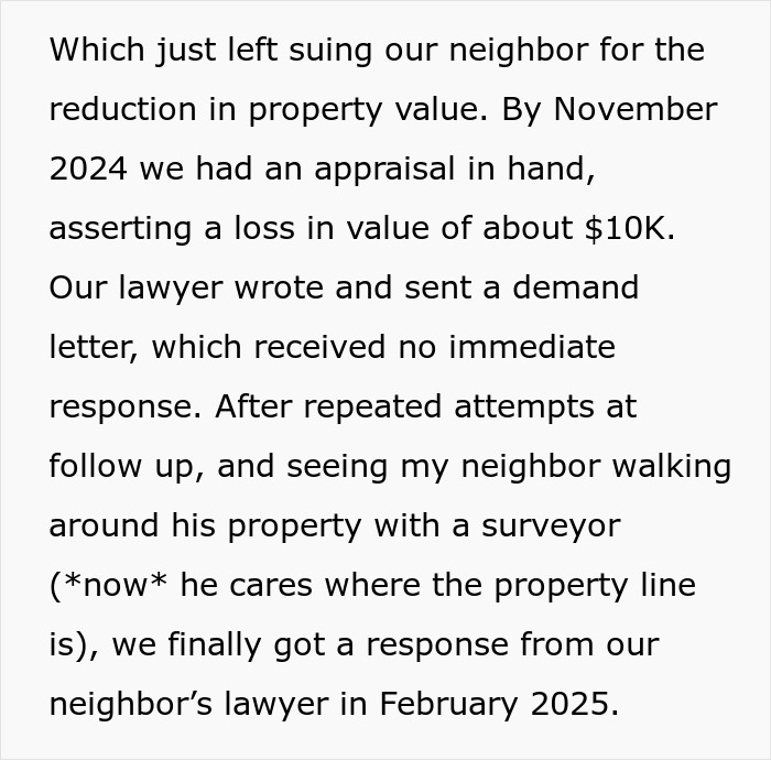 Text detailing how the neighbor was sued for reduction in property value after cutting down the oak tree. Text detailing how the neighbor was sued for reduction in property value after cutting down the oak tree.