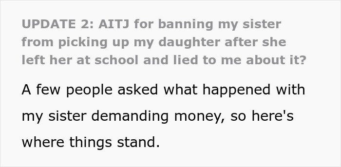 An update post about an aunt demanding money after leaving her 8YO niece alone at school. An update post about an aunt demanding money after leaving her 8YO niece alone at school.