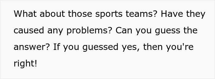 A black on white text image asking if sports teams caused any problems at the hotel with the bridezilla