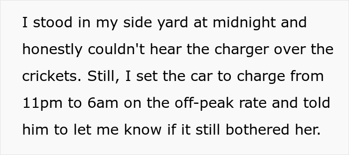Text about charging EV at night over off-peak rate despite noise complaint Text about charging EV at night over off-peak rate despite noise complaint
