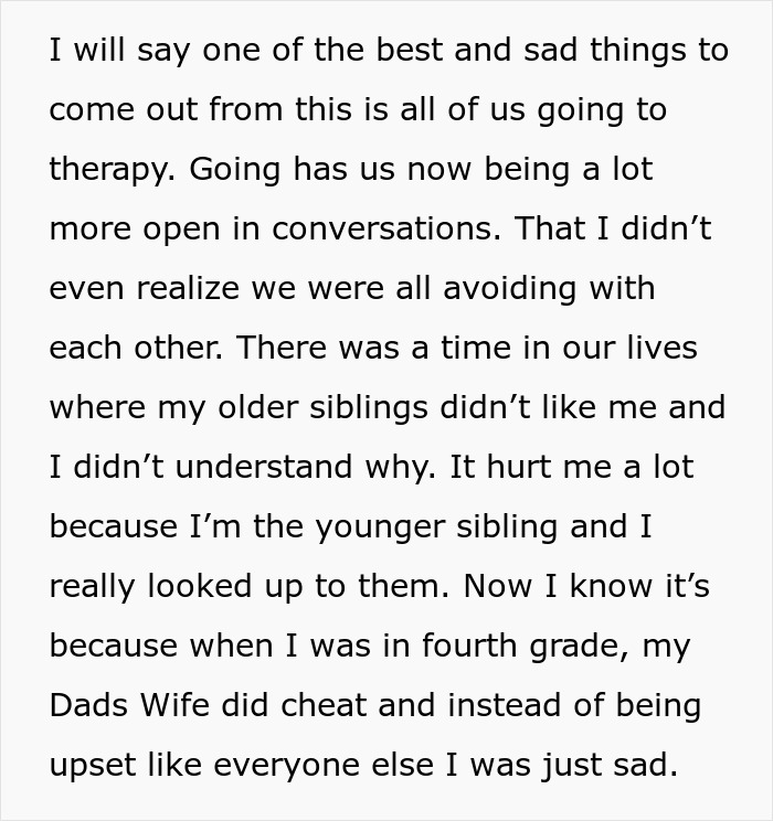 A text update discussing family therapy after a woman gets caught creating household drama.