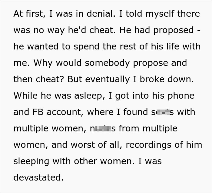 A black-on-white text screenshot detailing a woman finding evidence of her fianc&eacute; cheating on Facebook.