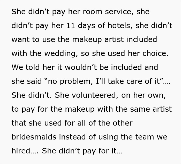 Details on stepmom not paying hotel, room service, and makeup artist bills at wedding