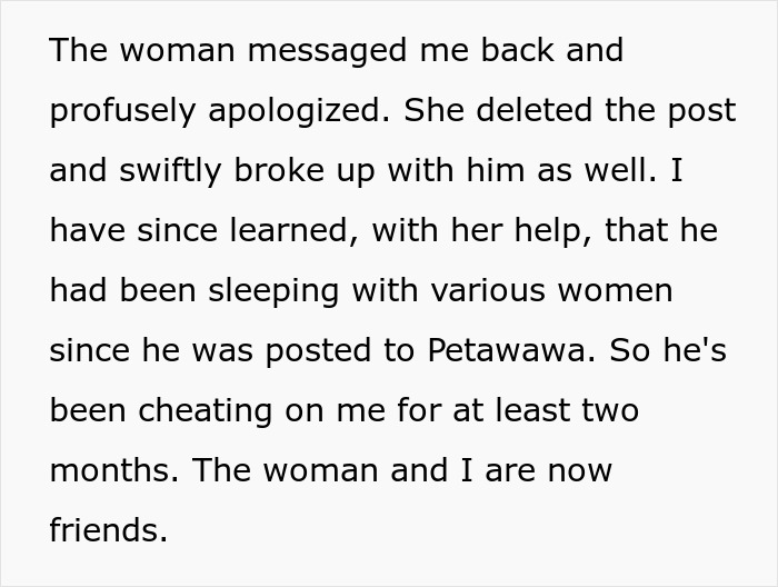 Text post detailing how a woman and her cheater bf's mistress become friends. Text post detailing how a woman and her cheater bf's mistress become friends.