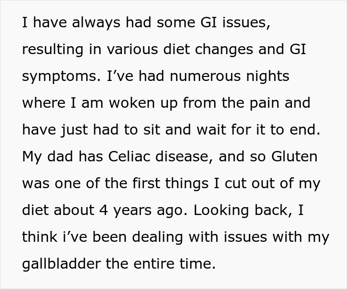 Reddit post screenshot describing the user's struggle with health issues before gallbladder surgery