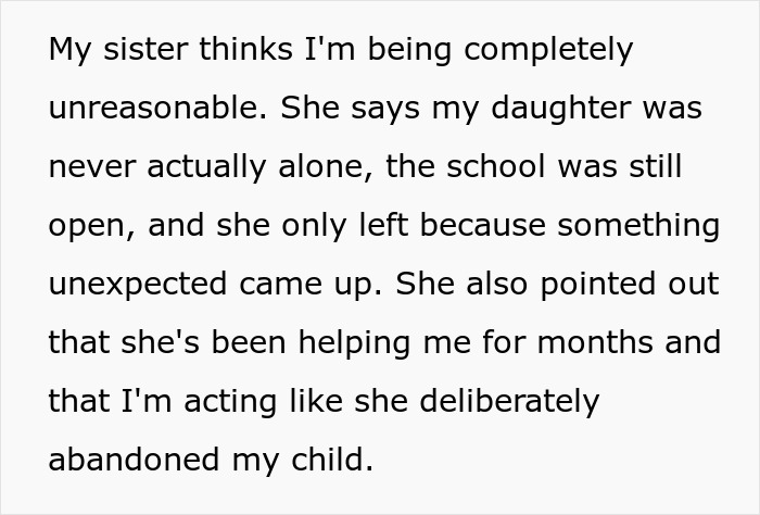 Black text on white background discussing sister defense after aunt leaves 8YO niece alone at school. Black text on white background discussing sister defense after aunt leaves 8YO niece alone at school.