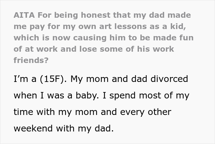 Screenshot of online text post from a daughter about being forced to pay classes. Screenshot of online text post from a daughter about being forced to pay classes.