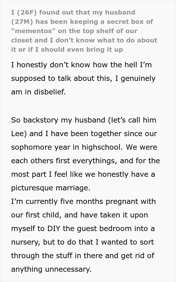 Text excerpt about husband's secret box of mementos found by wife Text excerpt about husband's secret box of mementos found by wife