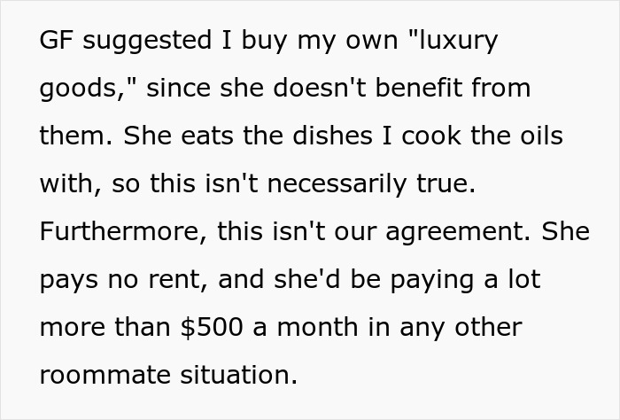 A black on white text post about a couple fights over cashews and olive oil and luxury goods expenses. A black on white text post about a couple fights over cashews and olive oil and luxury goods expenses.
