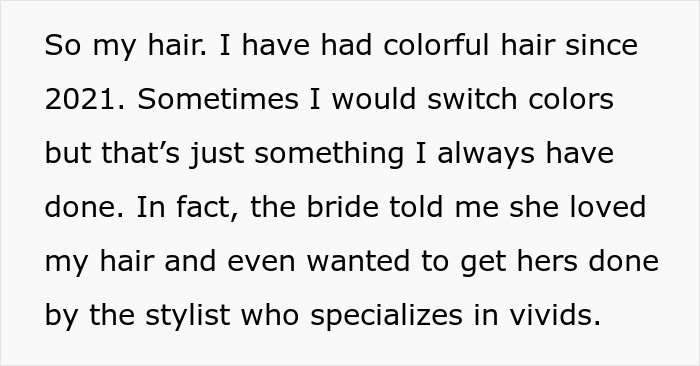Woman Spends A Fortune On Vivid Hair, Gets Told To Dye It A Natural Color To Fit Into Wedding Party Woman Spends A Fortune On Vivid Hair, Gets Told To Dye It A Natural Color To Fit Into Wedding Party