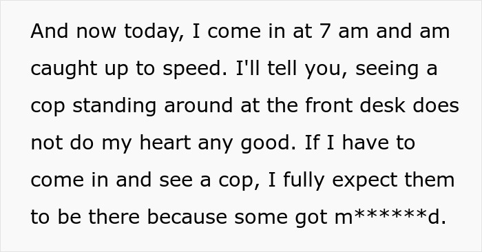 A text detailing a cop at the front desk, bridezilla ruins 70 hotel rooms.