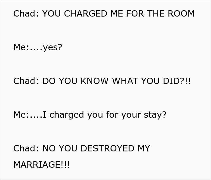 Text exchange where guest blames staff for charging hotel room and destroying marriage Text exchange where guest blames staff for charging hotel room and destroying marriage