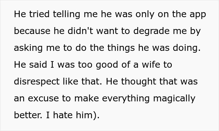 Text about husband's excuse on dating app and wife's feelings