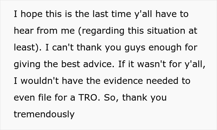 Final thank you message regarding a TRO after a bestie loves her situation Final thank you message regarding a TRO after a bestie loves her situation