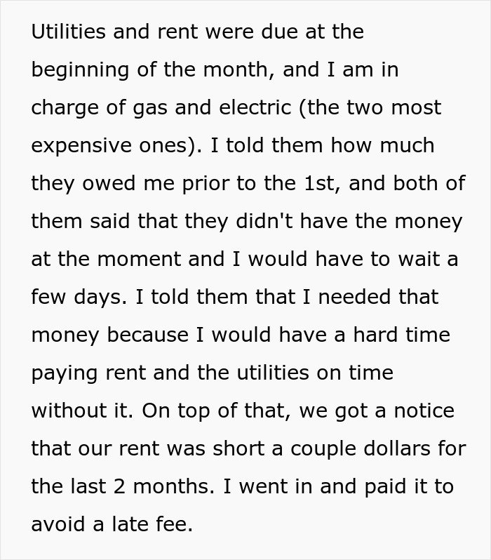 Online text describing roommate issues regarding utility payments and late fees. Online text describing roommate issues regarding utility payments and late fees.