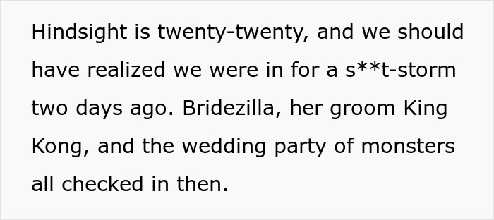 A black text image mentioning a bridezilla checking into a hotel with her wedding party.