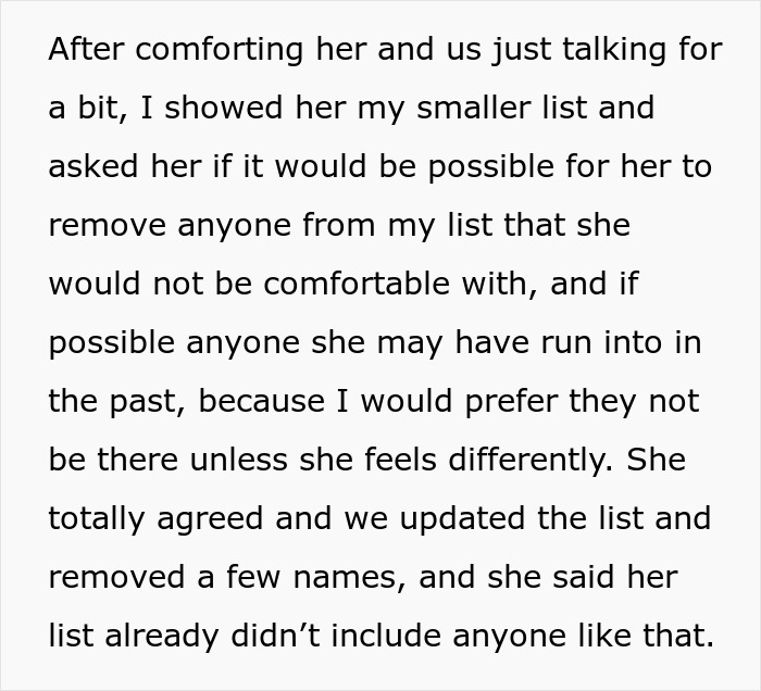 Text about updating wedding guest list with partner to remove uncomfortable guests Text about updating wedding guest list with partner to remove uncomfortable guests