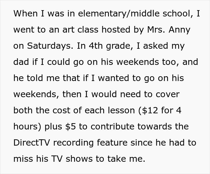 Screenshot of text post showing how a dad made his daughter pay classes from her savings. Screenshot of text post showing how a dad made his daughter pay classes from her savings.