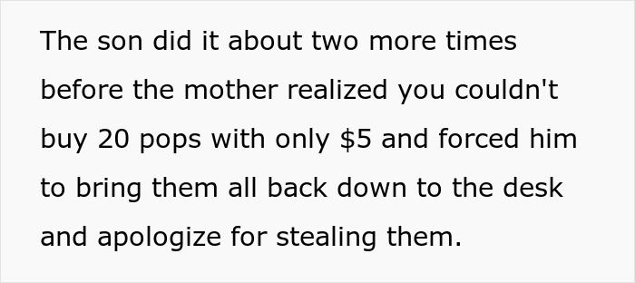Text snippet explaining a mother making her son apologize for stealing from hotel rooms.