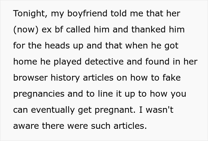 Text detailing browser history search about tricking BF into believing she is pregnant. Text detailing browser history search about tricking BF into believing she is pregnant.