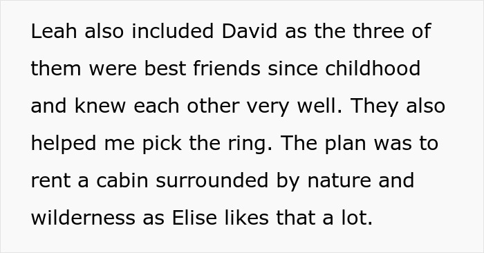 Text snippet explaining the dream proposal setup involving friends, an engagement ring, and a cabin in nature.