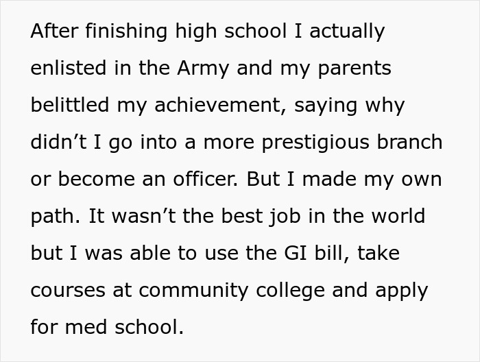 Text explaining how the son enlisted in the Army and built a new life after parents dismiss son’s achievements. Text explaining how the son enlisted in the Army and built a new life after parents dismiss son’s achievements.